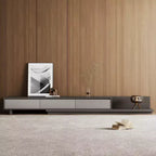Meuble TV extensible gris avec 3 tiroirs, 199,9 à 360 cm de large