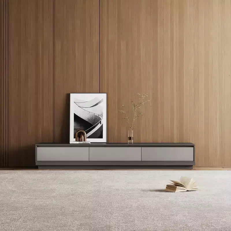 Meuble TV extensible gris avec 3 tiroirs, 199,9 à 360 cm de large