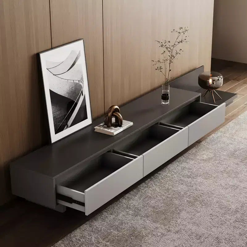Meuble TV extensible gris avec 3 tiroirs, 199,9 à 360 cm de large