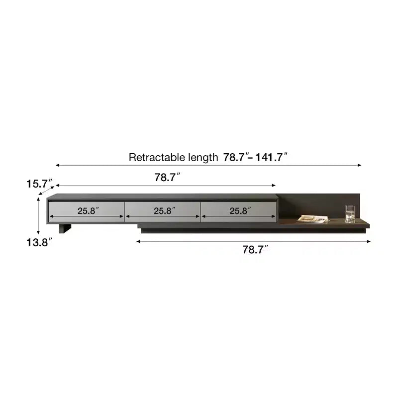 Meuble TV extensible gris avec 3 tiroirs, 199,9 à 360 cm de large