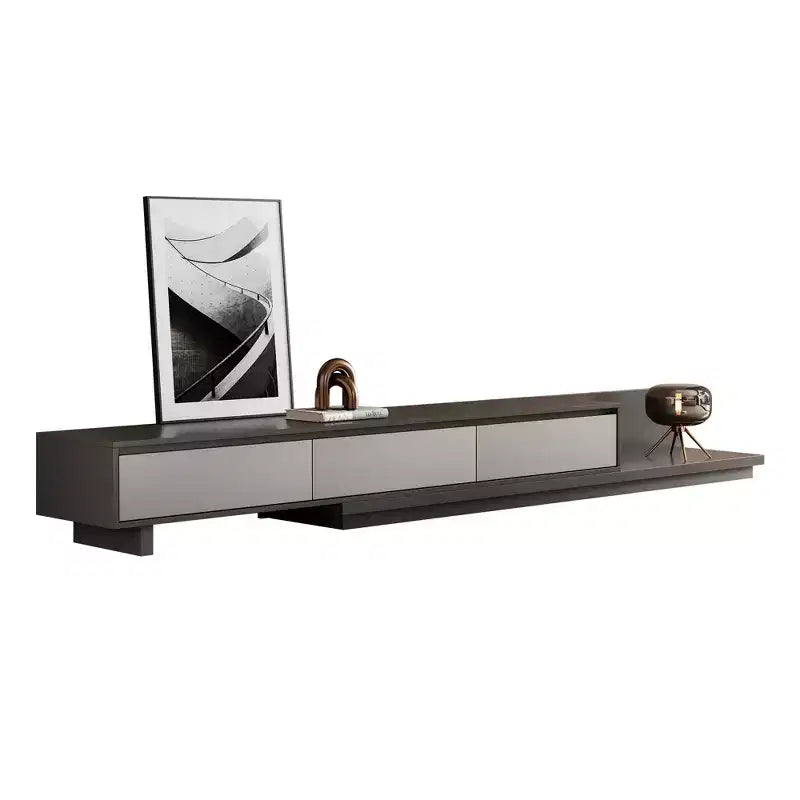 Meuble TV extensible gris avec 3 tiroirs, 199,9 à 360 cm de large