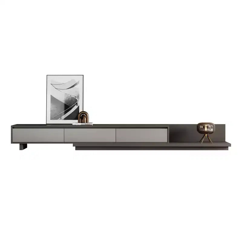 Meuble TV extensible gris avec 3 tiroirs, 199,9 à 360 cm de large
