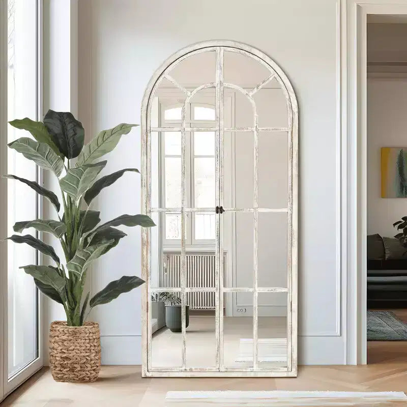 Miroir sur pied arque marron/blanc, cadre quadrillé, à fixer au mur, 180x80cm, 1 personne