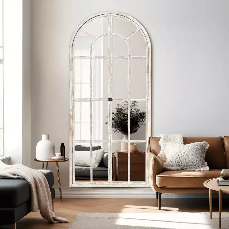 Miroir sur pied arque marron/blanc, cadre quadrillé, à fixer au mur, 180x80cm, 1 personne
