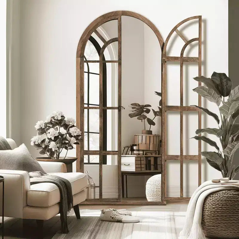 Miroir sur pied arque marron/blanc, cadre quadrillé, à fixer au mur, 180x80cm, 1 personne