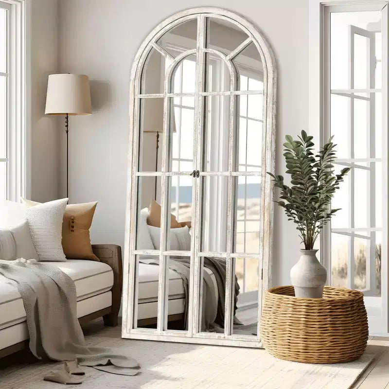 Miroir sur pied arque marron/blanc, cadre quadrillé, à fixer au mur, 180x80cm, 1 personne