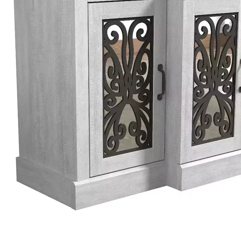 Enfilade large 4 portes, chêne gris poussiéreux découpé au laser