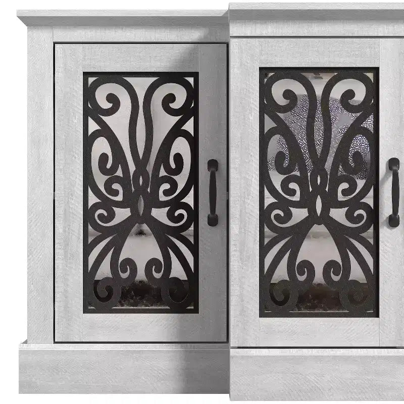 Enfilade large 4 portes, chêne gris poussiéreux découpé au laser