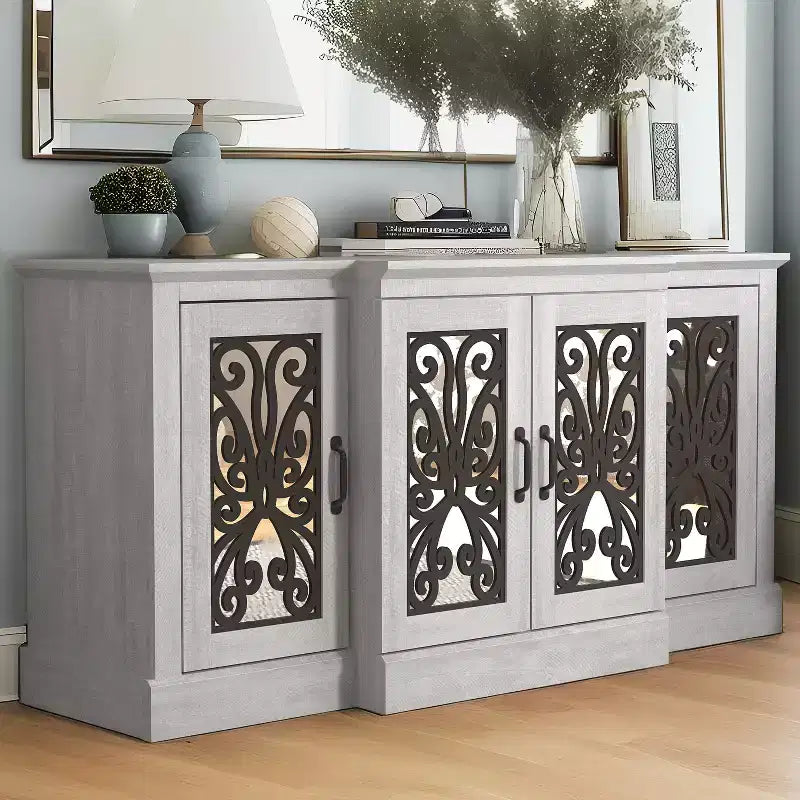 Enfilade large 4 portes, chêne gris poussiéreux découpé au laser