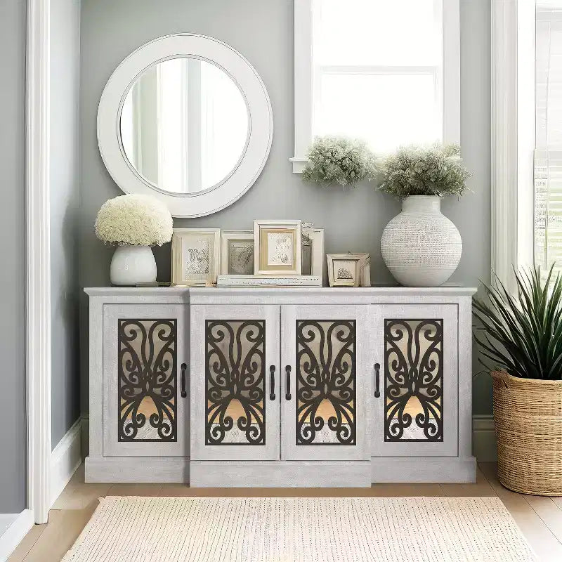 Enfilade large 4 portes, chêne gris poussiéreux découpé au laser