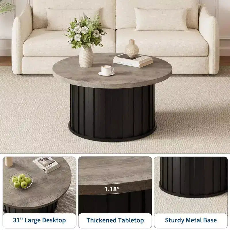 Table basse ronde gris/rétro, style milieu de siècle, piètement en métal, 2 places