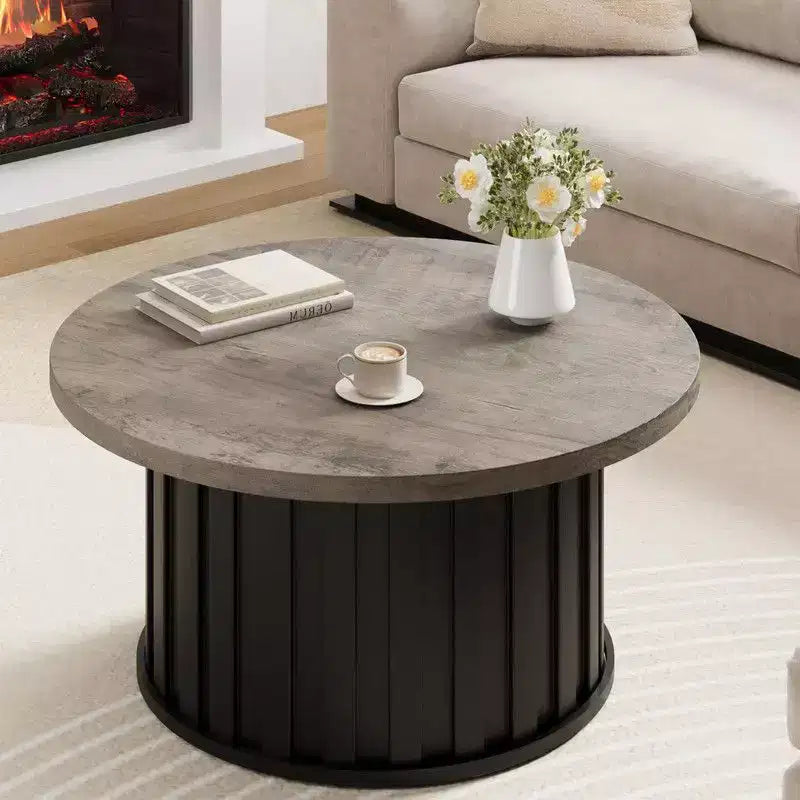 Table basse ronde gris/rétro, style milieu de siècle, piètement en métal, 2 places