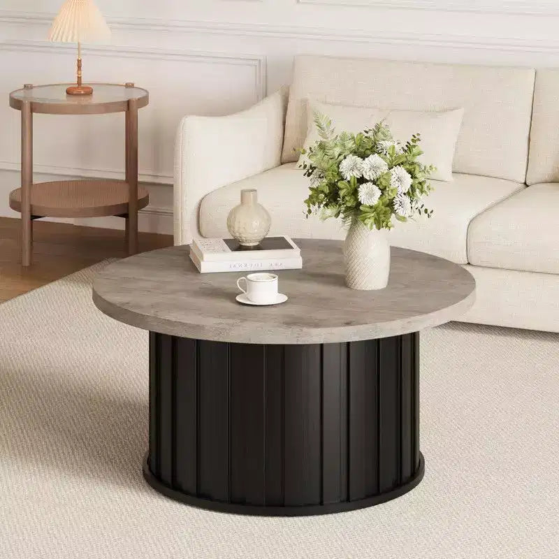 Table basse ronde gris/rétro, style milieu de siècle, piètement en métal, 2 places