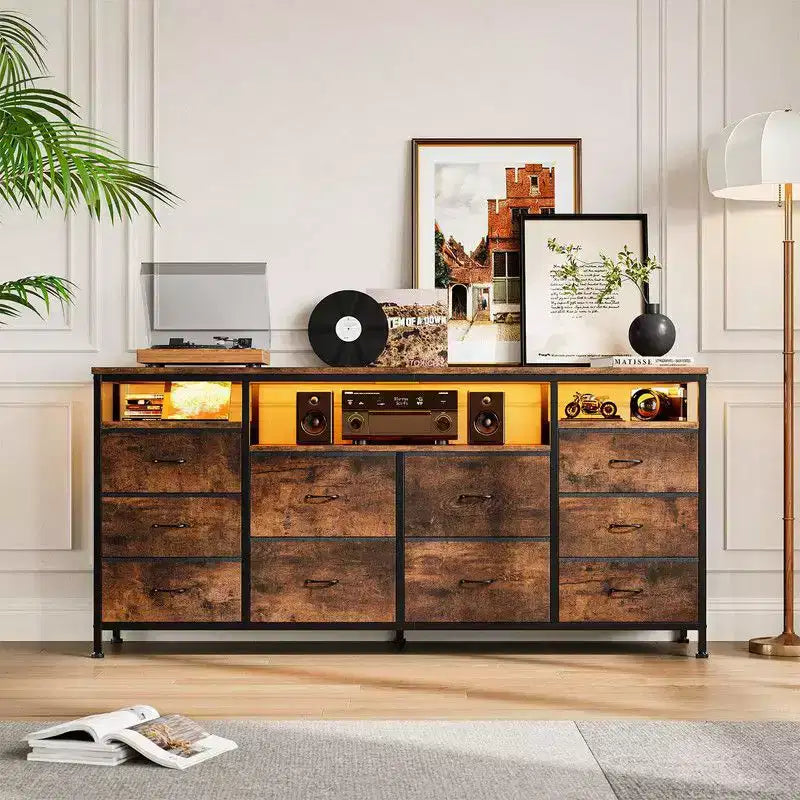 Commode de rangement TV 10 tiroirs noire/marron/rose/blanche avec LED et prise de courant, 160,8 cm