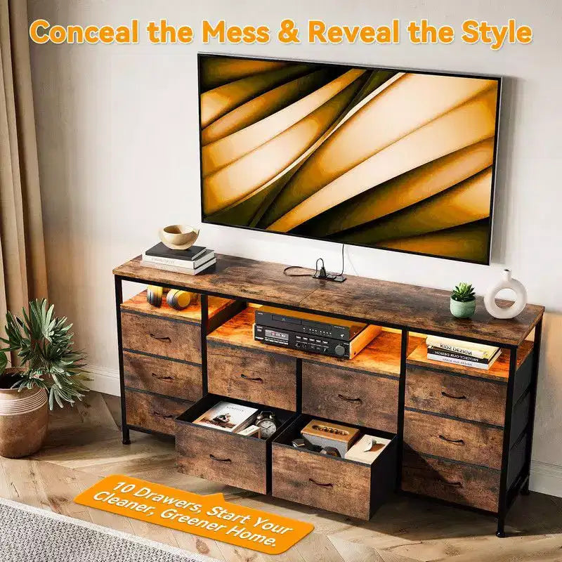 Commode de rangement TV 10 tiroirs noire/marron/rose/blanche avec LED et prise de courant, 160,8 cm