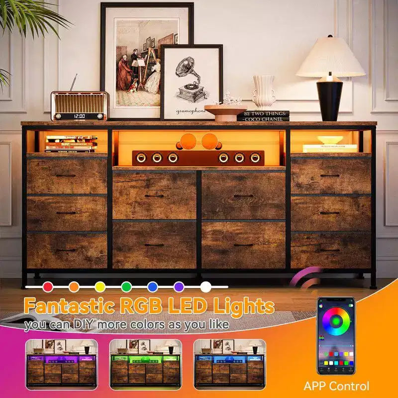 Commode de rangement TV 10 tiroirs noire/marron/rose/blanche avec LED et prise de courant, 160,8 cm