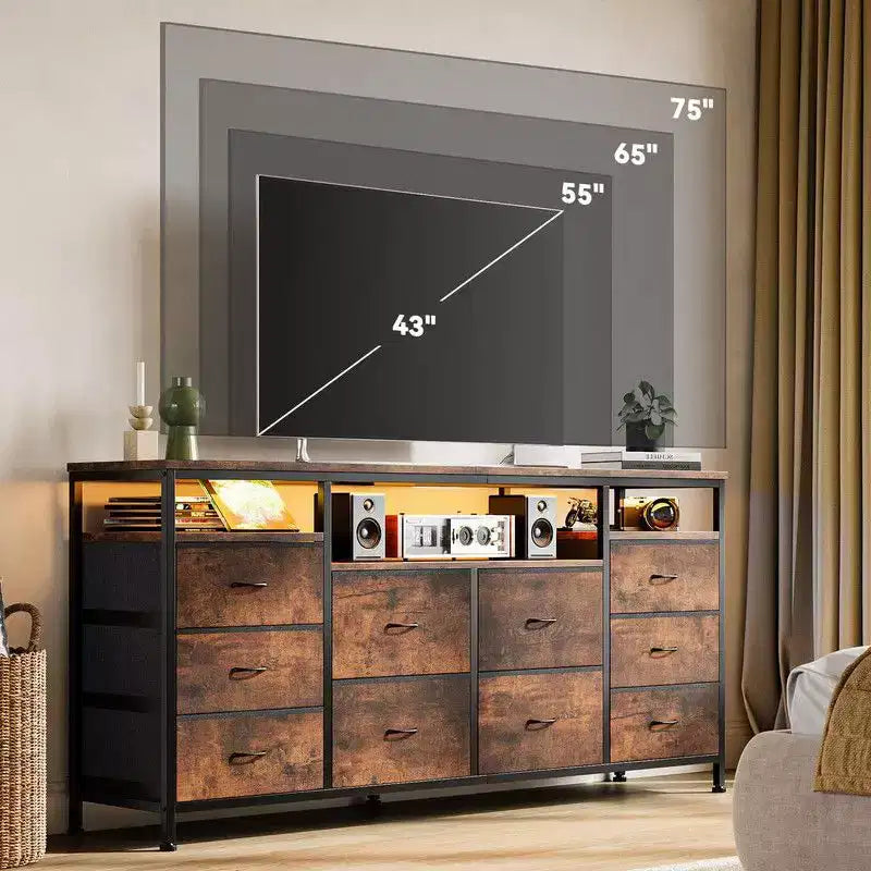 Commode de rangement TV 10 tiroirs noire/marron/rose/blanche avec LED et prise de courant, 160,8 cm