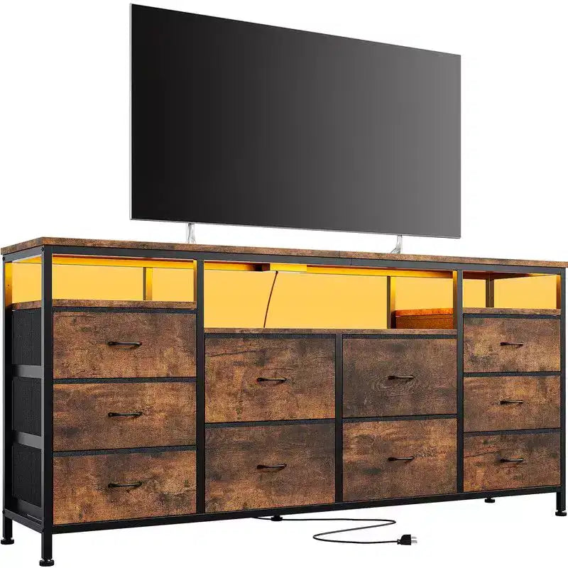 Commode de rangement TV 10 tiroirs noire/marron/rose/blanche avec LED et prise de courant, 160,8 cm