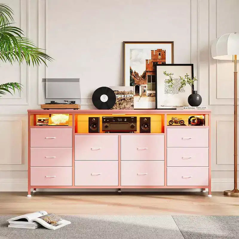 Commode de rangement TV 10 tiroirs noire/marron/rose/blanche avec LED et prise de courant, 160,8 cm