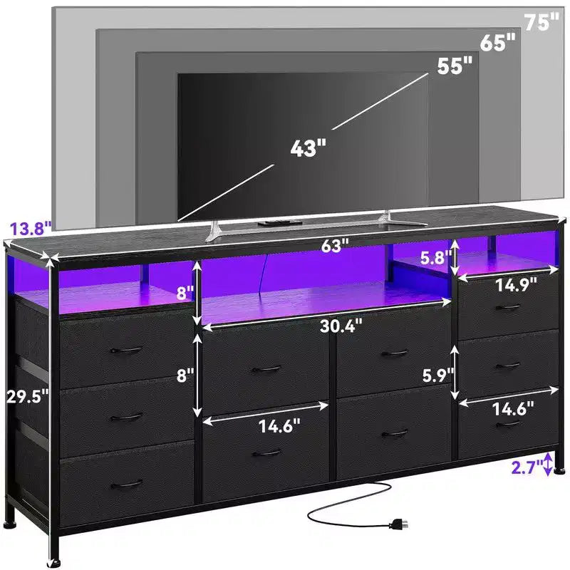 Commode de rangement TV 10 tiroirs noire/marron/rose/blanche avec LED et prise de courant, 160,8 cm