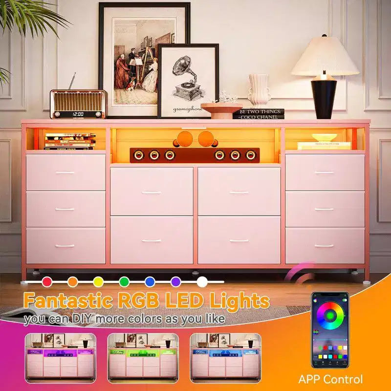 Commode de rangement TV 10 tiroirs noire/marron/rose/blanche avec LED et prise de courant, 160,8 cm