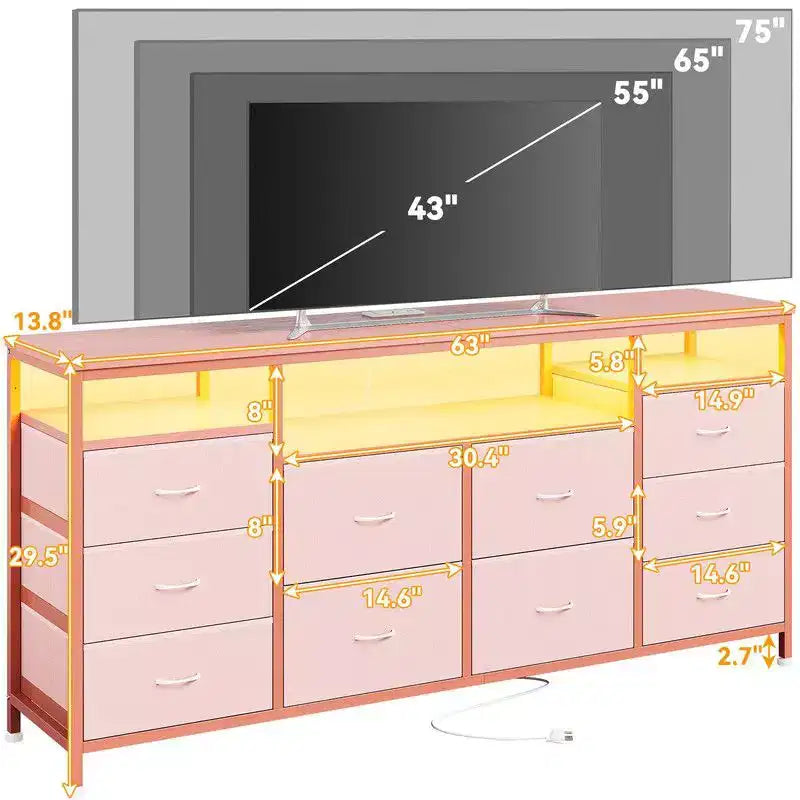 Commode de rangement TV 10 tiroirs noire/marron/rose/blanche avec LED et prise de courant, 160,8 cm