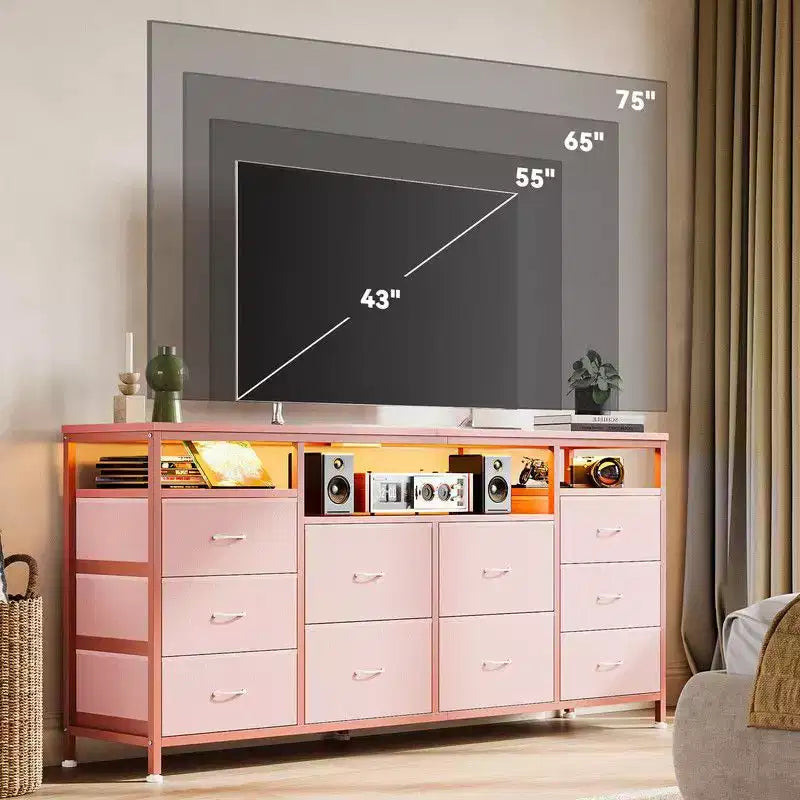 Commode de rangement TV 10 tiroirs noire/marron/rose/blanche avec LED et prise de courant, 160,8 cm
