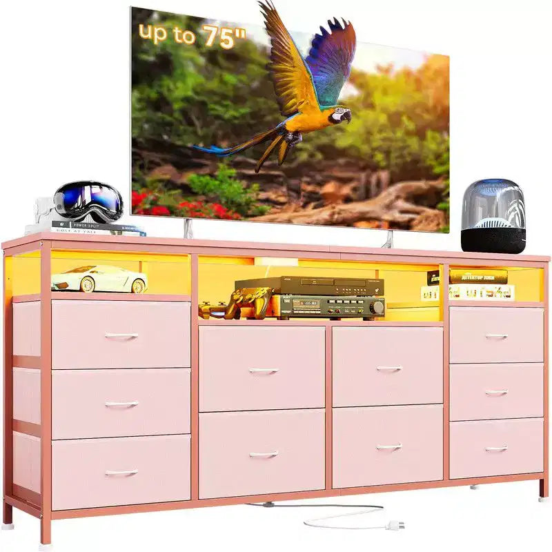 Commode de rangement TV 10 tiroirs noire/marron/rose/blanche avec LED et prise de courant, 160,8 cm