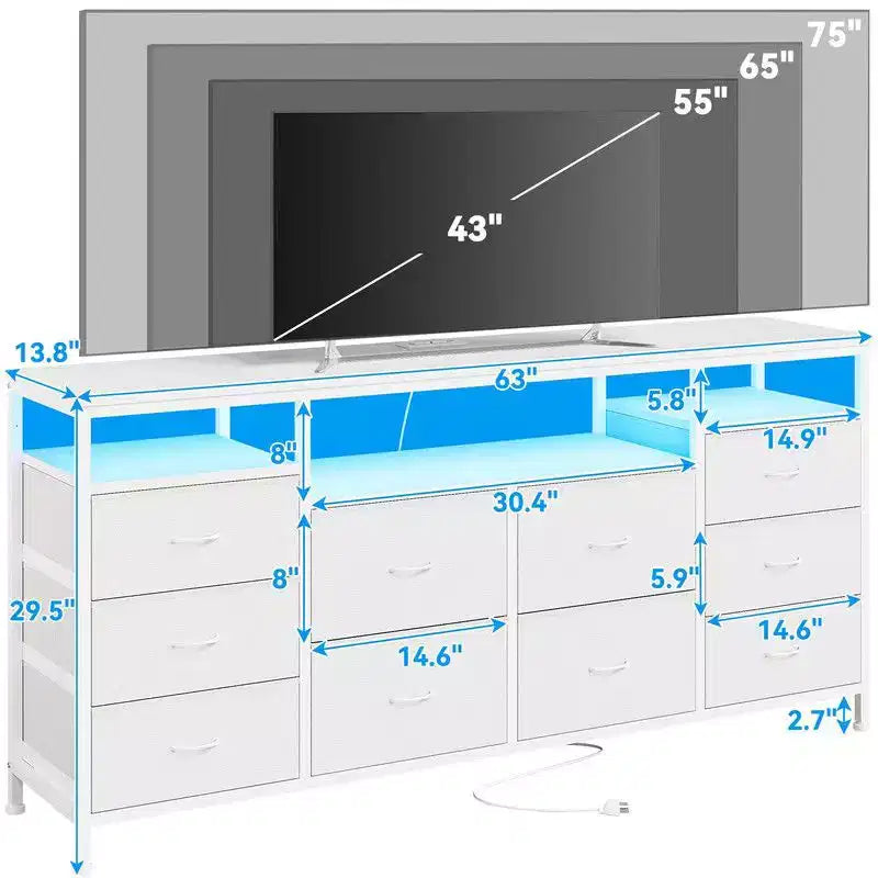 Commode de rangement TV 10 tiroirs noire/marron/rose/blanche avec LED et prise de courant, 160,8 cm