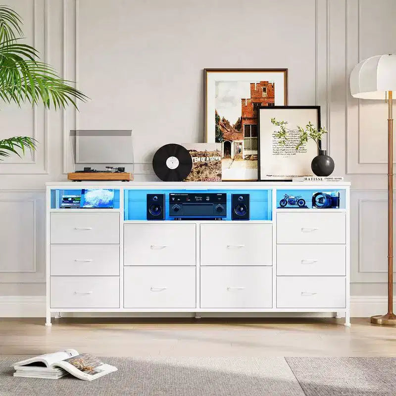 Commode de rangement TV 10 tiroirs noire/marron/rose/blanche avec LED et prise de courant, 160,8 cm