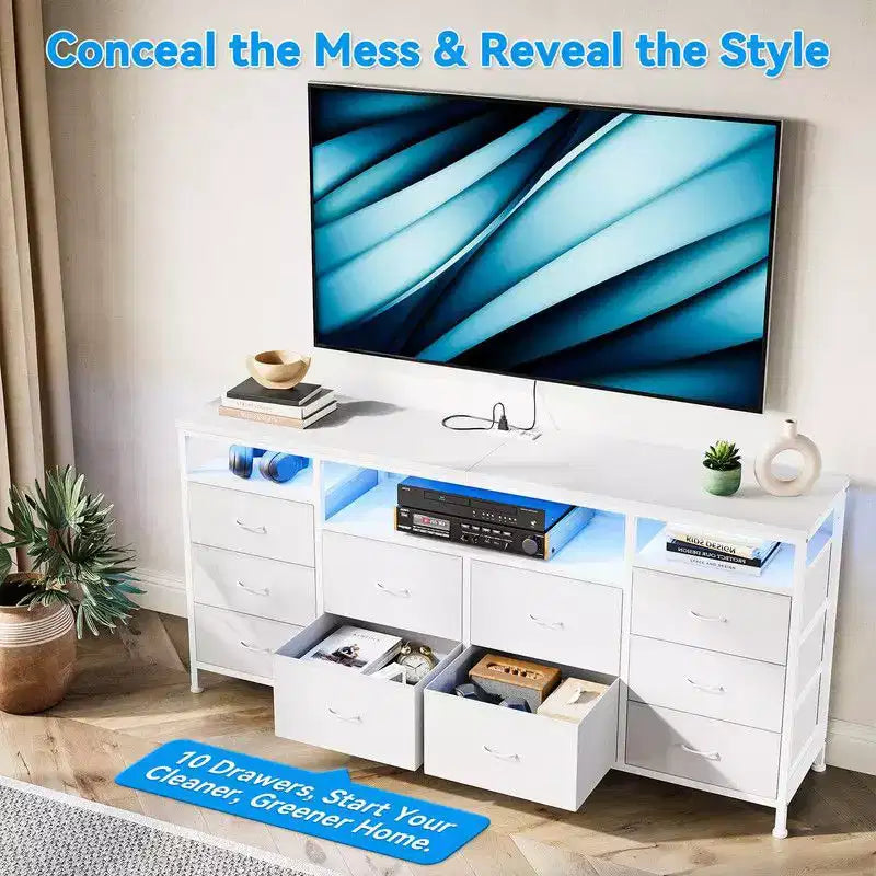 Commode de rangement TV 10 tiroirs noire/marron/rose/blanche avec LED et prise de courant, 160,8 cm