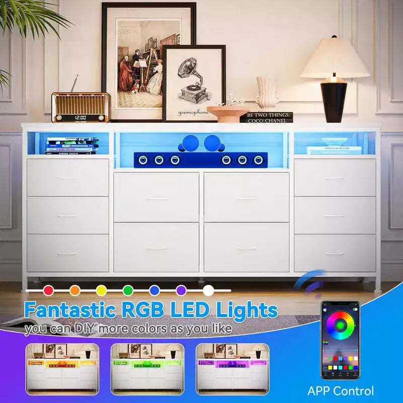 Commode de rangement TV 10 tiroirs noire/marron/rose/blanche avec LED et prise de courant, 160,8 cm