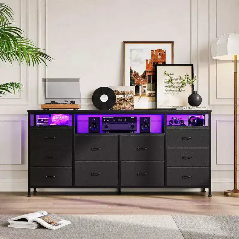 Commode de rangement TV 10 tiroirs noire/marron/rose/blanche avec LED et prise de courant, 160,8 cm