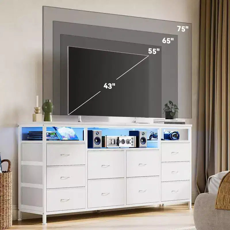 Commode de rangement TV 10 tiroirs noire/marron/rose/blanche avec LED et prise de courant, 160,8 cm