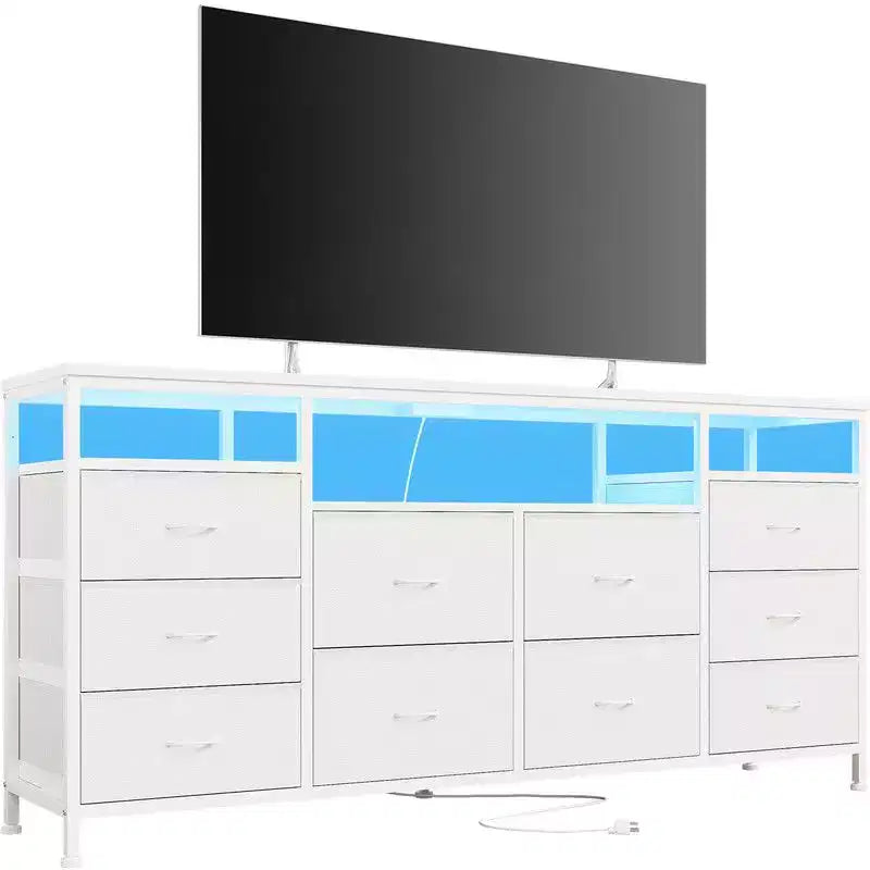 Commode de rangement TV 10 tiroirs noire/marron/rose/blanche avec LED et prise de courant, 160,8 cm
