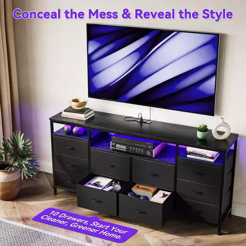 Commode de rangement TV 10 tiroirs noire/marron/rose/blanche avec LED et prise de courant, 160,8 cm