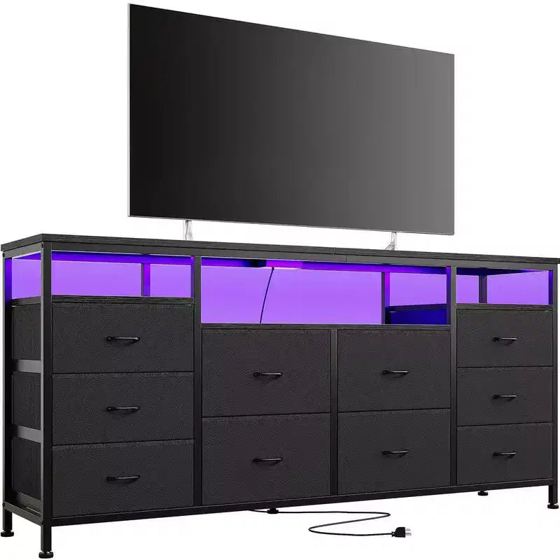 Commode de rangement TV 10 tiroirs noire/marron/rose/blanche avec LED et prise de courant, 160,8 cm