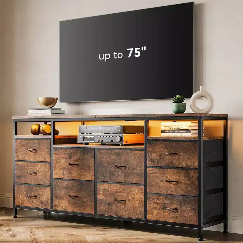 Commode de rangement TV 10 tiroirs noire/marron/rose/blanche avec LED et prise de courant, 160,8 cm