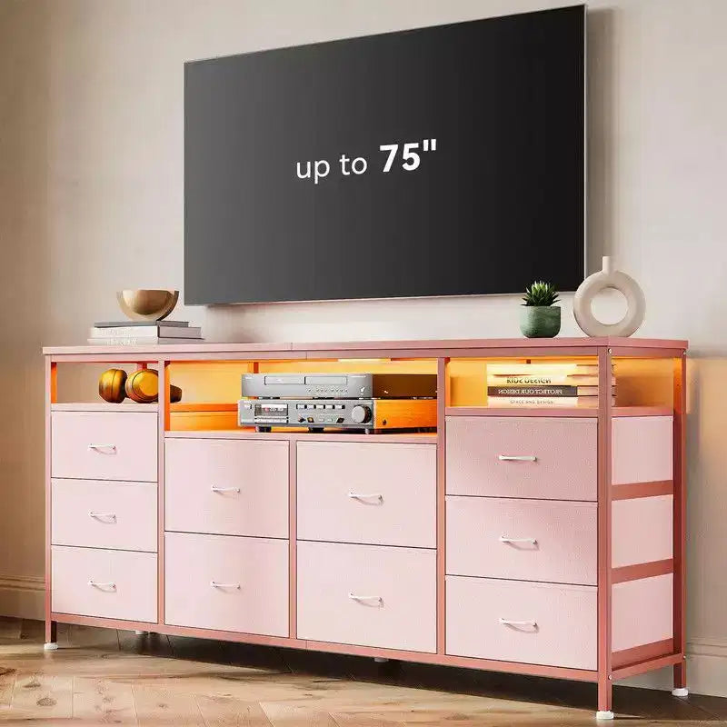 Commode de rangement TV 10 tiroirs noire/marron/rose/blanche avec LED et prise de courant, 160,8 cm