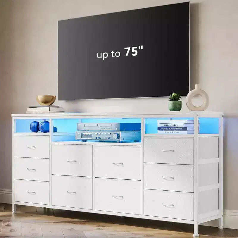 Commode de rangement TV 10 tiroirs noire/marron/rose/blanche avec LED et prise de courant, 160,8 cm