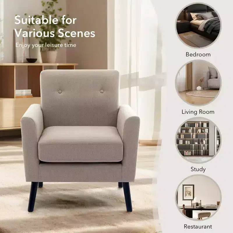 Fauteuil d'appoint rembourré beige/gris avec pieds en bois, une place