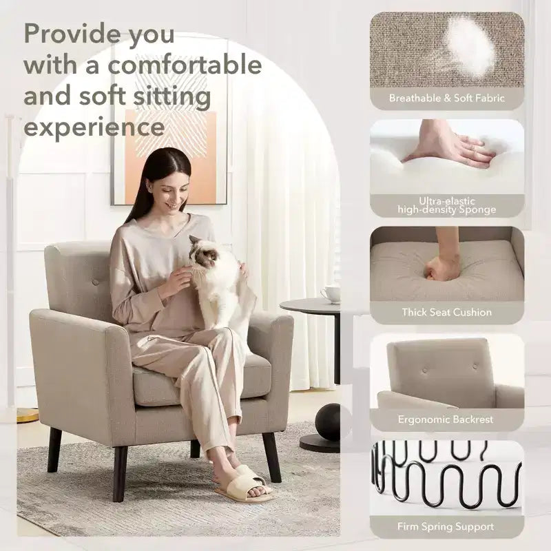 Fauteuil d'appoint rembourré beige/gris avec pieds en bois, une place