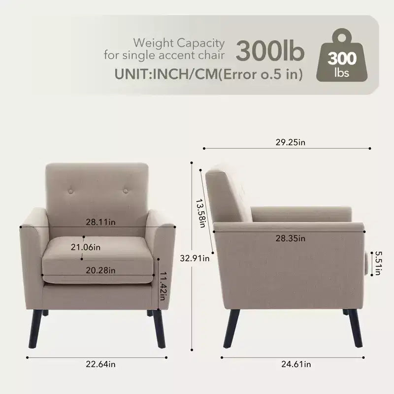 Fauteuil d'appoint rembourré beige/gris avec pieds en bois, une place