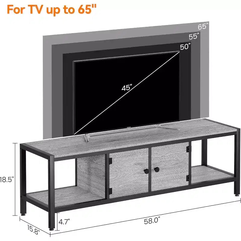 Meuble TV industriel gris et noir avec rangement, convient aux téléviseurs jusqu'à 65 po
