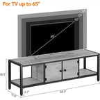 Meuble TV industriel gris et noir avec rangement, convient aux téléviseurs jusqu'à 65 po
