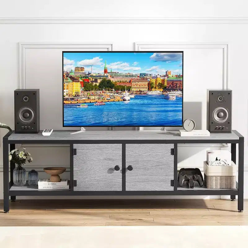 Meuble TV industriel gris et noir avec rangement, convient aux téléviseurs jusqu'à 65 po