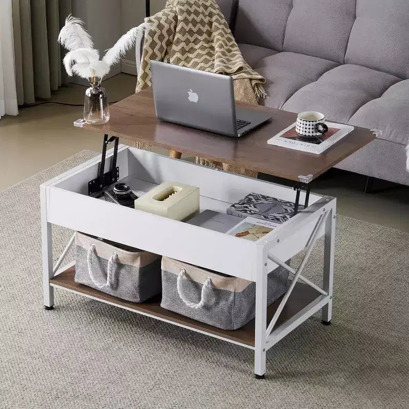 VINGLI 36 Lift Top Coffee Table with Cloth Storage Bins, Farmhouse Coffee Tables for Living Room, White Walnut