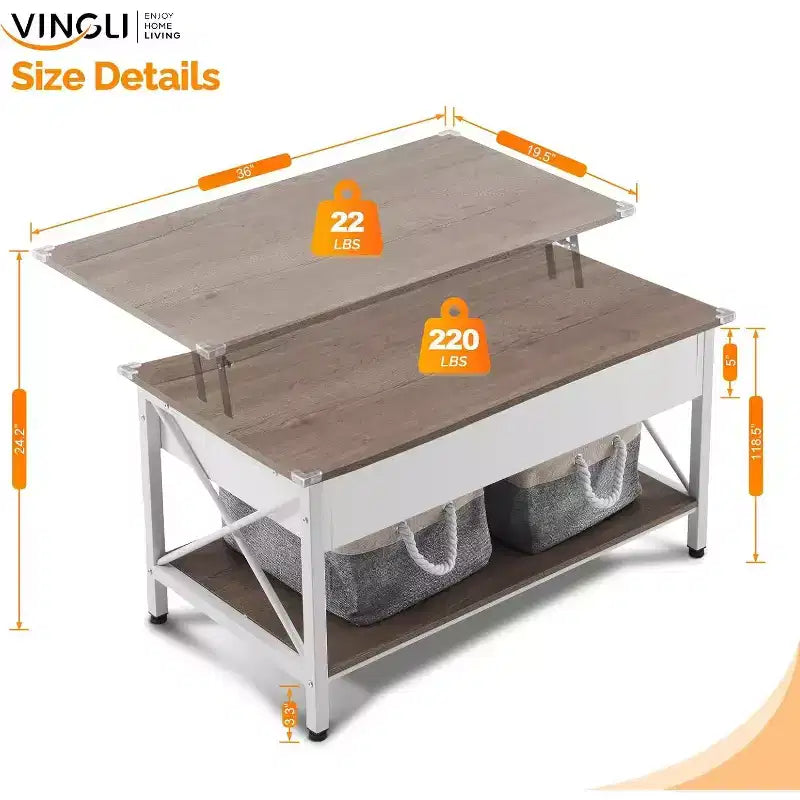 Table basse relevable blanche et marron avec bacs de rangement, usage 1 personne