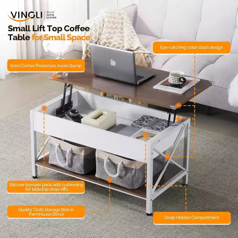 Table basse relevable blanche et marron avec bacs de rangement, usage 1 personne