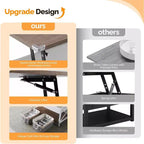 Table basse relevable blanche et marron avec bacs de rangement, usage 1 personne
